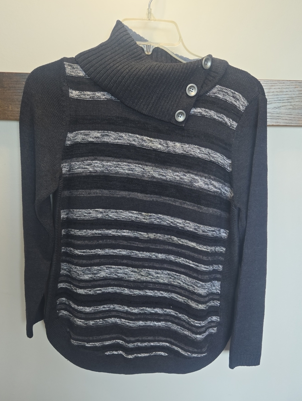 Women's Black & Gray Striped Button Cowl Neck Sweater